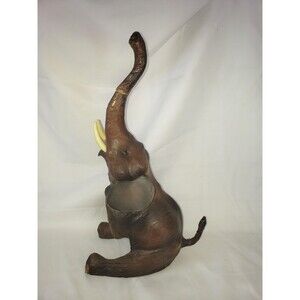 Vintage Leather Wrapped Elephant with Glass Eyes 16" MCM Trunk Up Good Luck